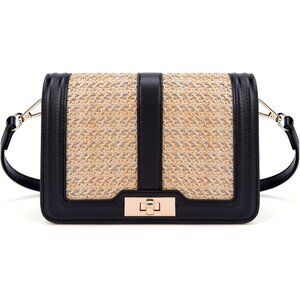 Straw Crossbody Bag Women Summer Leather Stitching Flap Purse Handbag